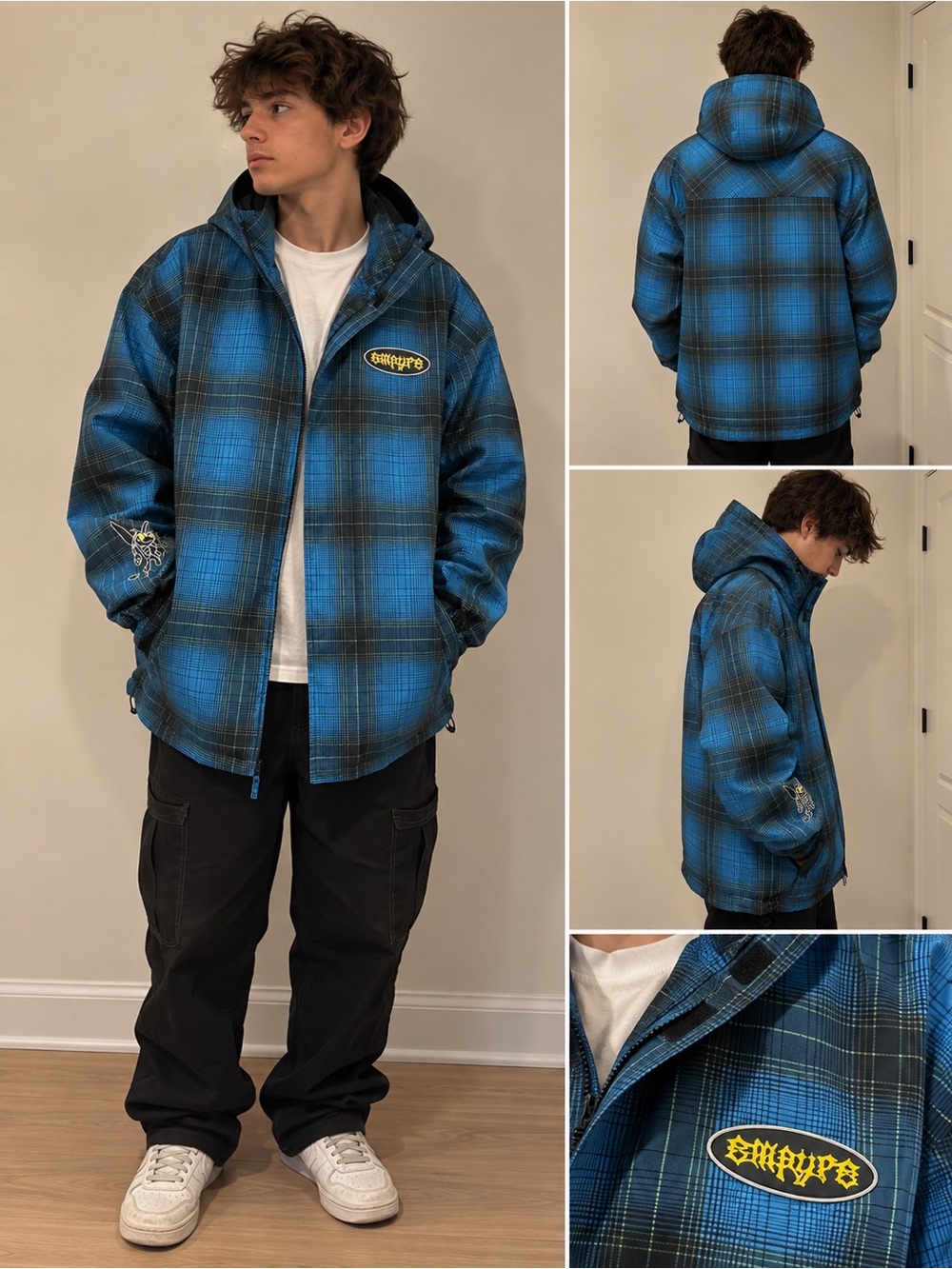 Empyre Blue Plaid Hooded Puffer Jacket